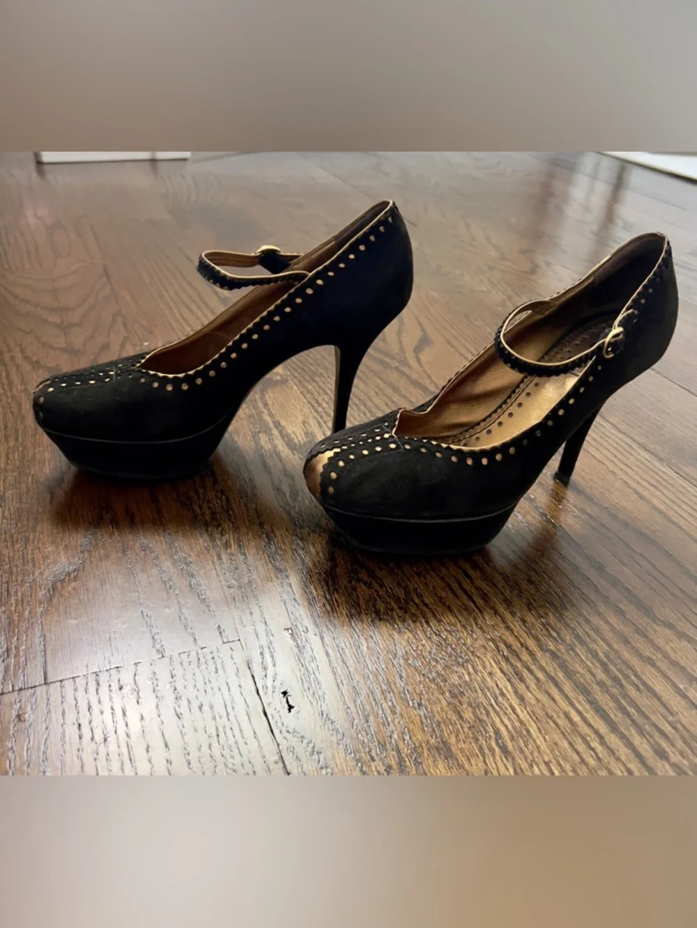Authentic Saint Laurent Black Suede Mary Jane Heels with Gold Interior - Picture 2 of 4